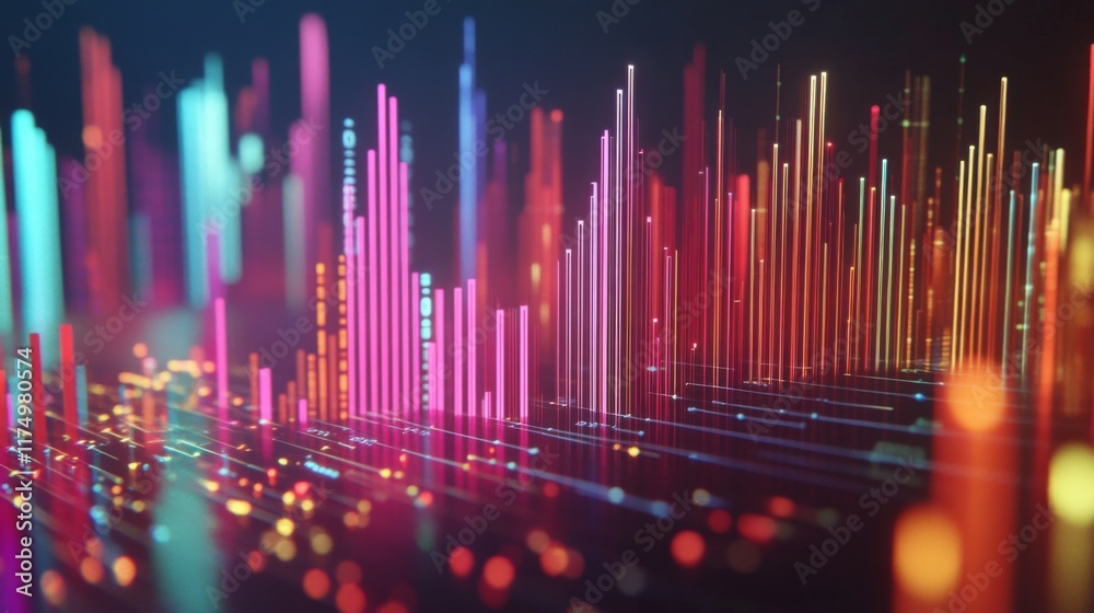 Poster a futuristic d bar graph with colorful, glowing bars rising on a digital screen, showcasing financia
