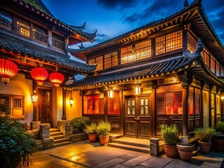 Night Portrait: Serene Chinese House, Lantern Light, Traditional Architecture