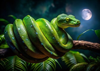 Fototapeta premium Night Reptile Photography: Emerald Tree Boa in Rainforest
