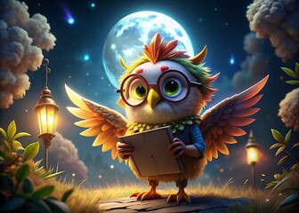 Night Scene: Cartoon Angel with Glasses & Clipboard