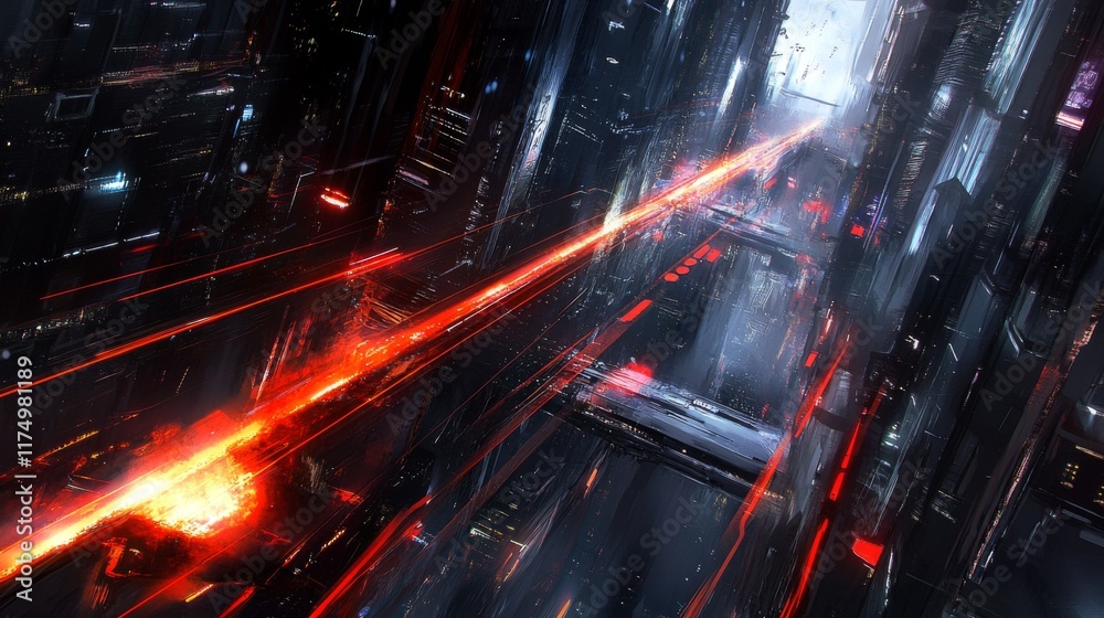 Poster a futuristic cityscape with streaking lights and glowing lines stretching across buildings, symboliz