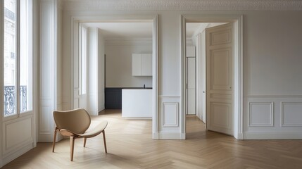 Fototapeta premium Parisian apartment, open doorway, herringbone floors, modern kitchen, empty room, real estate