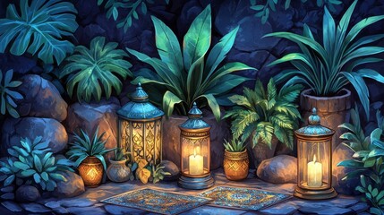 Enchanting jungle grotto scene with glowing lanterns. Ideal for book covers, fantasy games, or creating a mystical ambiance.