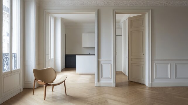 Parisian apartment, open doorway, herringbone floors, modern kitchen, empty room, real estate