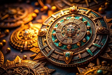 Fototapeta premium Nighttime Aztec Jewelry Photography: Intricate Details and Deep Shadows