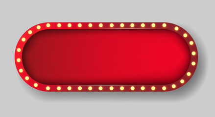 Red retro billboard in oval shape with glowing neon lights