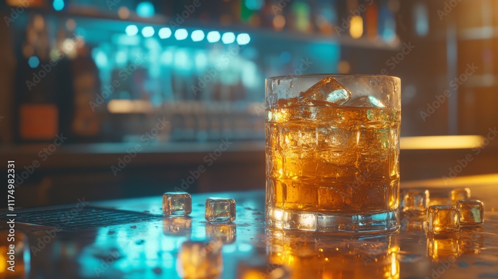 Poster A glass of beer with ice, sitting on a bar counter with reflections from the ice cubes and golden liquid, creating a refreshing and inviting atmosphere