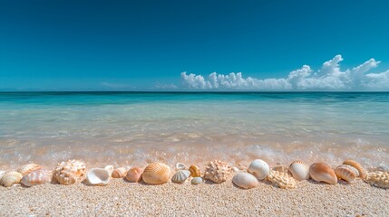 Seashells on beach with waves, horizontal, perfect for summer travel, beach resorts, spa centers and coastal lifestyle content. Ideal for vacation promotions and wellness retreats.