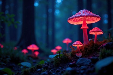 Fototapeta premium Bioluminescent fungi lit up in the dark forest, darkness, trees