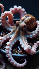 Black and white striped tentacles of an octopus curled around a bowl, stripes, white, octopus