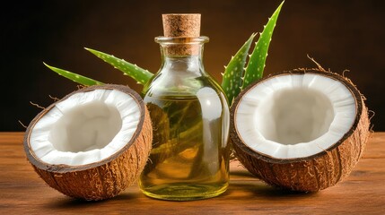 Coconut oil in glass bottle with aloe vera and coconuts.