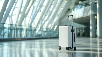 A minimalist suitcase and travel essentials set against a brigh