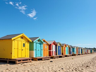 Colorful Beach Huts on Sandy Shore Sunny Day Summer Vacation Scene