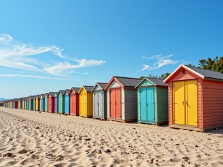 Colorful Beach Huts Row on Sandy Shore Summer Vacation Seascape