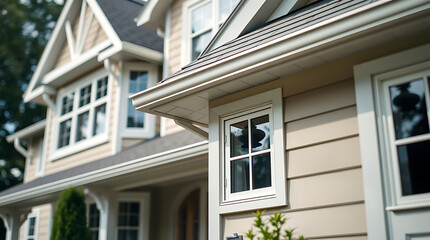 Close-up view of a beige house exterior, showcasing white window frames,  a grey roofline with gutters, and siding.  A second house is partially visible in the background.