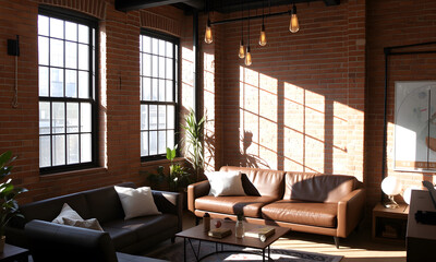 Fototapeta premium A cozy modern living room featuring exposed brick walls