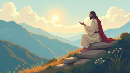 Meditative figure of Jesus sitting in serene mountainous landscape. Spiritual calm contemplation in nature. Concept of a religious peaceful scene. Illustration. Copy space.