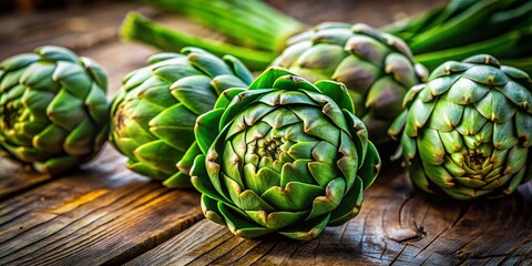 Fototapeta premium Fresh Organic Artichokes on Rustic Wooden Table - Healthy Food Photography