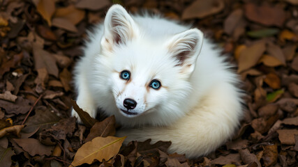 Fototapeta premium A white fox with blue eyes lying on a bed of leaves, looking up with a curious expression. Generative AI