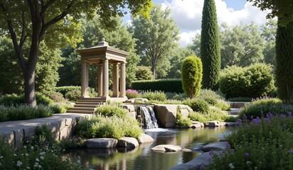 Fototapeta premium A picturesque garden with a classical columned structure, cascading waterfall, vibrant flowers, lush greenery, and tranquil water surrounded by trees and hedges.
