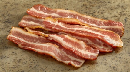 Obraz premium A group of bacon strips freshly cooked, laid out on a kitchen counter, surrounded by a faint mist of steam, capturing their golden, crispy appearance