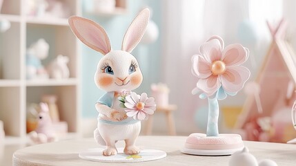 Adorable bunny figurine with flower, pastel decor
