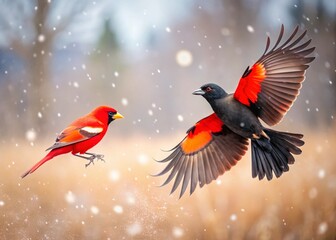 Fototapeta premium Northern Cardinal & Red-winged Blackbird in Flight - Winter Birds, Bokeh Background