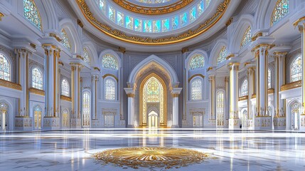 Obraz premium Grand Hall: Opulent Palace Interior, Marble Floors, Stained Glass