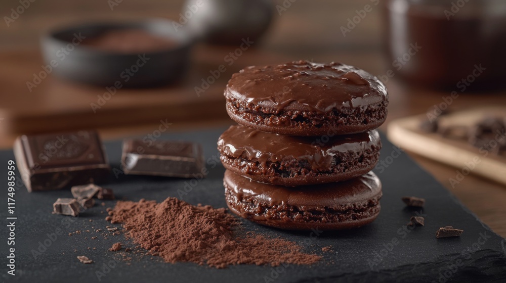 Poster A group of chocolate macarons with a glossy finish, stacked on a dark slate surface, surrounded by cocoa powder and chocolate shavings for a rich, decadent look.