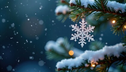 Delicate crystal snowflake on a slender Christmas tree branch , snowy branches, holiday lights