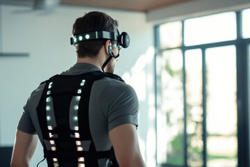 Man using motion capture technology for performance analysis in a modern studio