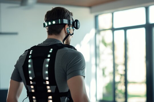 Man using motion capture technology for performance analysis in a modern studio