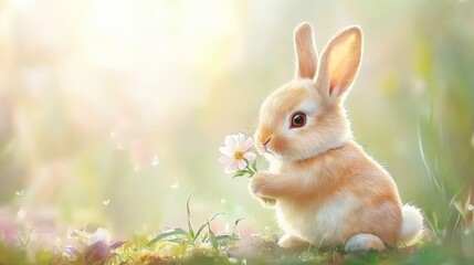 Fototapeta premium Adorable bunny holding a flower in a sunlit meadow