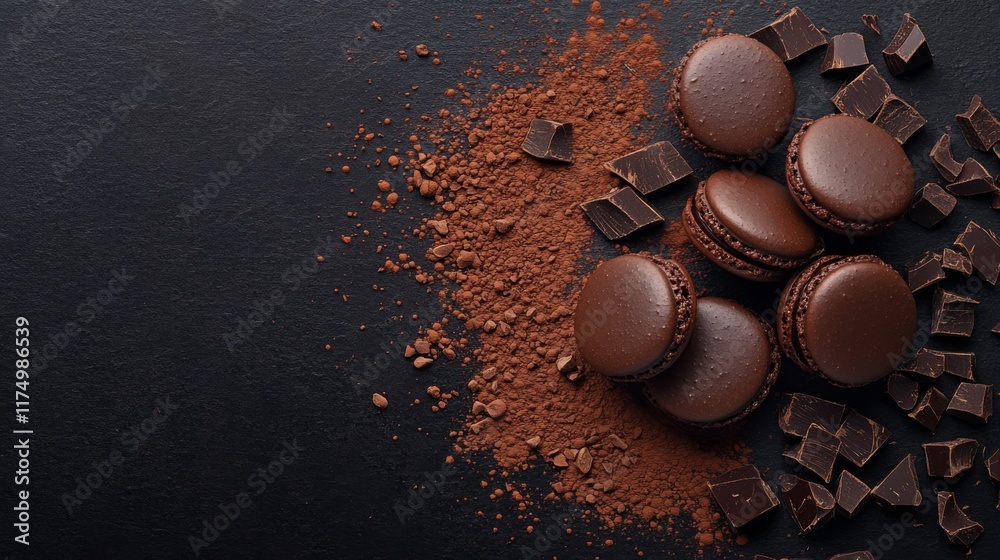 Aufkleber a group of chocolate macarons with a glossy finish, stacked on a dark slate surface, surrounded by c