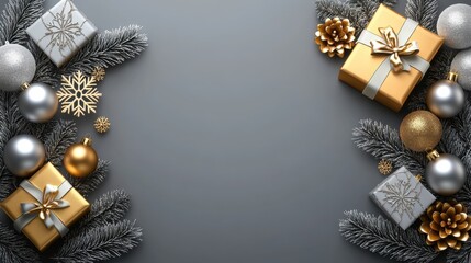 Naklejka premium Elegant Christmas Border with Gold and Silver Decorations