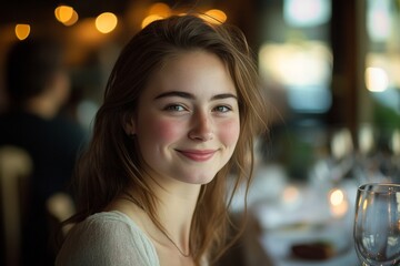 Charming young woman smiling gently at camera in elegant gourmet restaurant ambiance