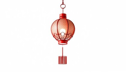 Red Chinese lantern hanging, isolated white background, decorative