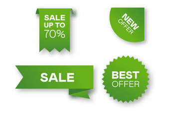 Different sale green ribbons flat icon set. Price badges, special offer labels and discount stickers isolated vector illustration collection. Promotion templates and design elements concept