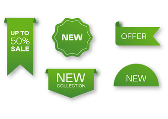 Different sale green ribbons flat icon set. Price badges, special offer labels and discount stickers isolated vector illustration collection. Promotion templates and design elements concept