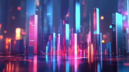 A high-tech D bar graph with sharp, colorful bars representing market performance, with soft lighting and digital effects highlighting the upward trend