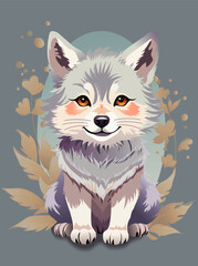 Cute wolf with floral ornament on the grey background