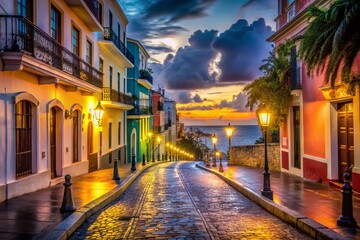 Fototapeta premium Old San Juan Puerto Rico Night Long Exposure Photography - Vibrant Cityscape