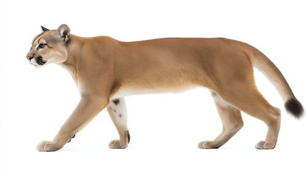 Obraz premium A large brown puma is walking across a white background