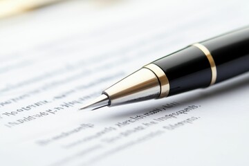 Elegant pen poised above written document.