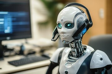 Robot assistant at a modern office setting engaging in customer support tasks
