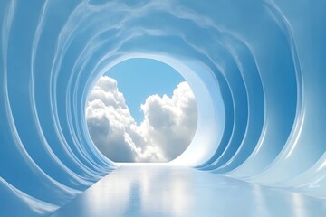 Abstract 3d rendering of a minimal blue background with white clouds emerging from a tunnel