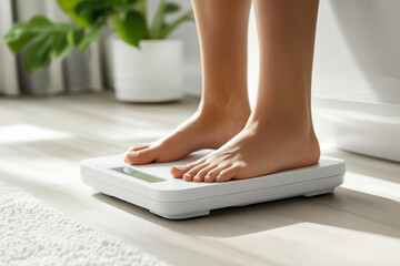Woman Standing On A Scale In A Bright Bathroom
