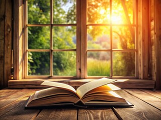 Open Book on Wooden Table, Sunlight Streaming Through Window - Cozy Reading Nook