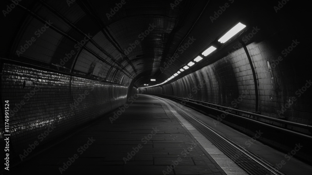 Poster A long perspective shot of an empty subway tunnel, with illuminated track rails and smooth, curved walls, capturing the quiet and emptiness of the space