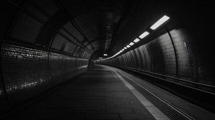 A long perspective shot of an empty subway tunnel, with illuminated track rails and smooth, curved walls, capturing the quiet and emptiness of the space